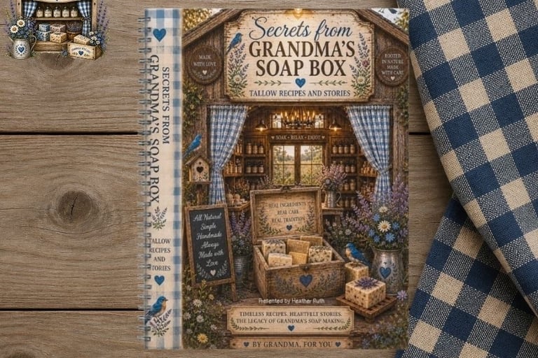 Secrets from Grandma's Soap Box tallow recipe book on a rustic wooden table.