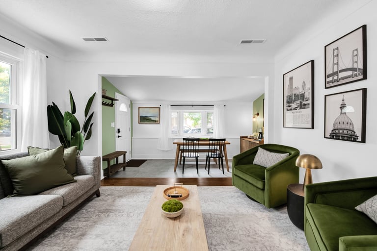a living room with a couch and a table