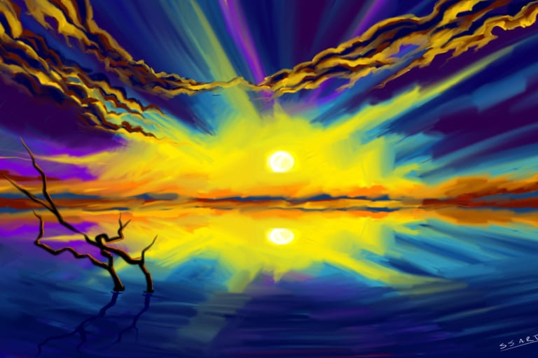 landscape painting  of sun rise made using photoshop