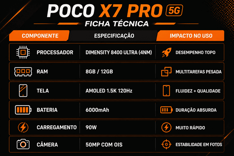 tabela de especificacoes do poco x7 pro 5g com processador bateria tela e desempenho