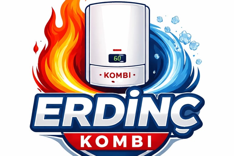 Erdinç Kombi logo featuring a modern white boiler unit surrounded by fire and ice symbols.