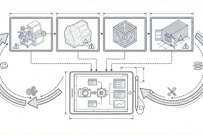 數位化木箱包裝流程圖 (Digital Wooden Crate Packaging Workflow Diagram)，展示從原料、包裝、裝箱到貨櫃運輸的 SOP 系統管理。