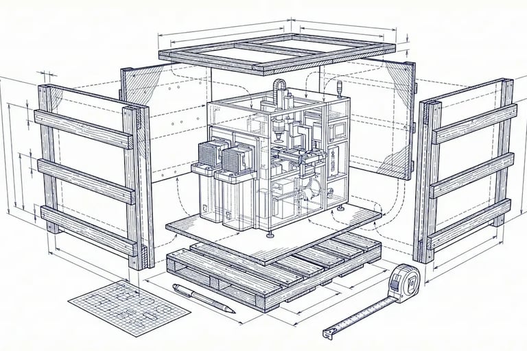 重型工業機械出口木箱包裝爆炸圖，顯示機台固定在棧板上，底板、四面木箱板與上蓋分解展開，周圍搭配尺寸標註、設計圖與捲尺等量測工具。
