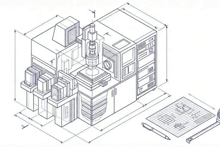 工業設備外觀與尺寸測量示意圖，顯示機台各方向尺寸搭配設計圖、筆與捲尺，用於出口木箱包裝設計與規劃。