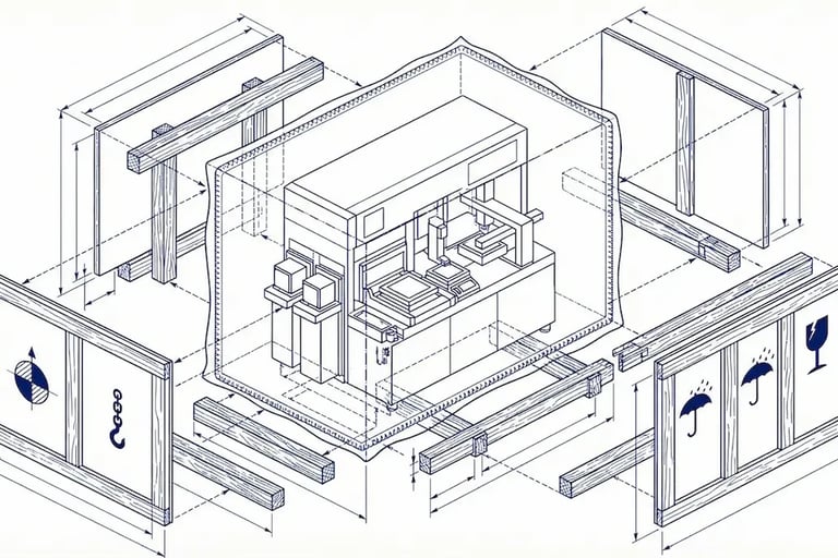 工業設備出口木箱包裝爆炸圖，顯示機台先包覆防護內襯，再由底座木條與四面印有搬運與防潮圖示的木箱側板組裝成完整包裝。