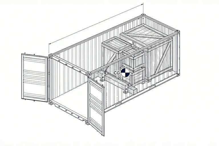 貨櫃內工業木箱裝載佈局示意圖，顯示多個木箱在貨櫃中固定擺放，並標示整體貨物重心 CG 位置。