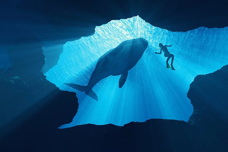 A scuba diver swims near a large whale silhouette in a deep blue underwater sea cave.