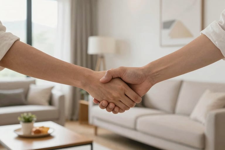 handshake in a Bright living room with modern inventory