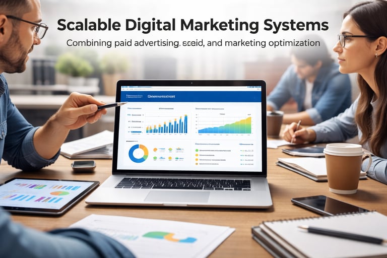 Scalable digital marketing system combining paid advertising, SEO, and conversion optimization