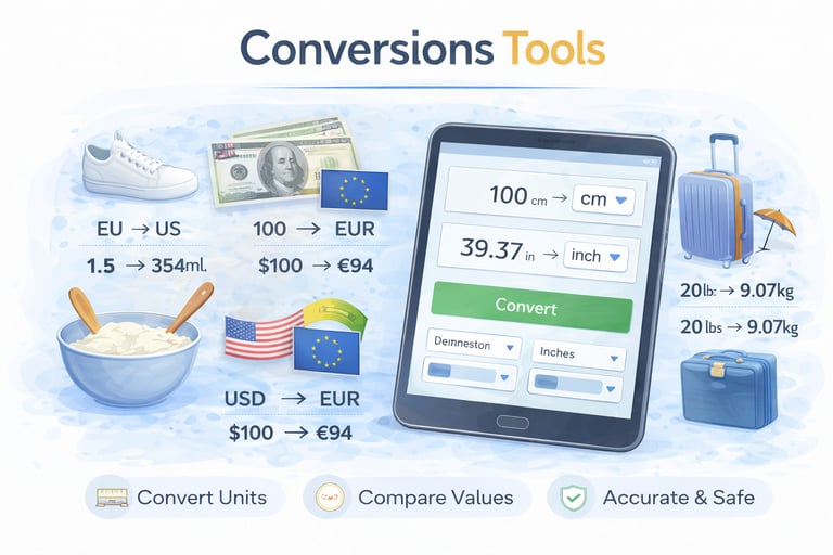 Conversion tools dashboard showing shoe size, cooking measurement, and unit conversion calculators for everyday conversions