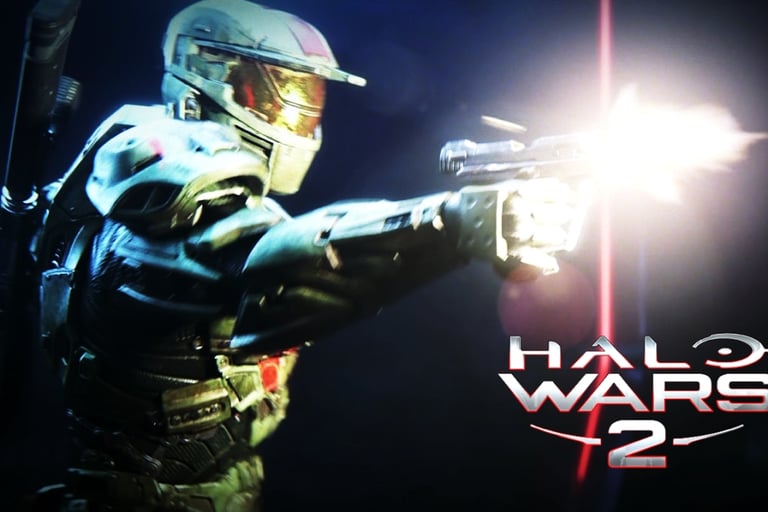A Spartan super soldier firing a handgun in a cinematic Halo Wars 2 action sequence.