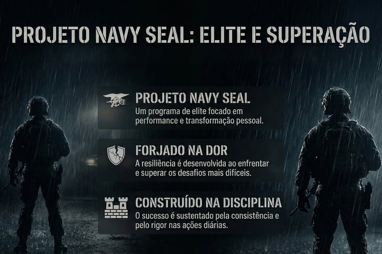 Navy SEAL training program infographic showing soldiers in the rain with text on personal transformation.