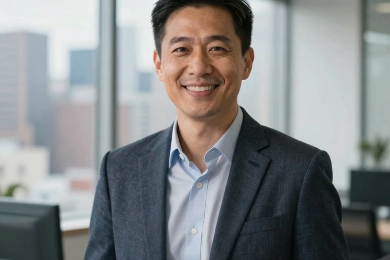 A professional portrait of a confident person in business casual attire smiling warmly in a bright, modern office with a view of a US city skyline.