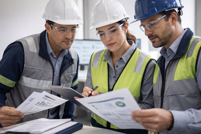 Equipe de SST analisando documentos técnicos de LTCAT, insalubridade e periculosidade.