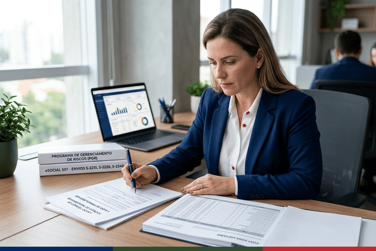 Consultor analisando alinhamento entre PGR, insalubridade e eventos do eSocial SST.