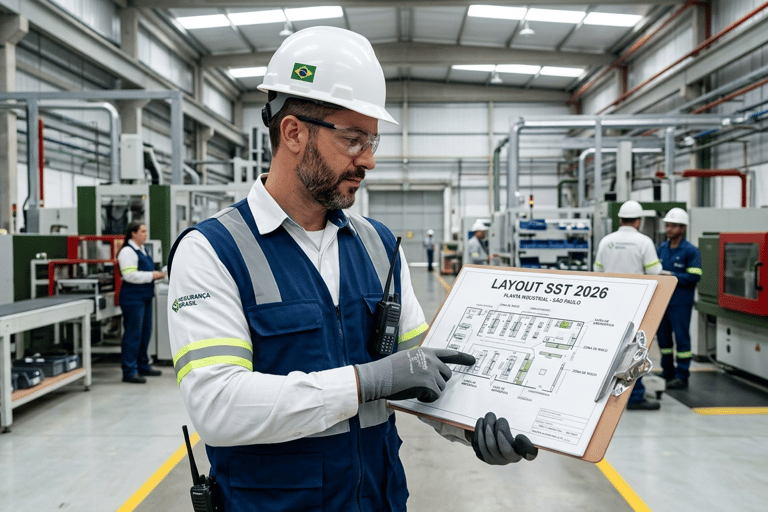 Engenheiro revisando layout industrial para atualização de riscos no eSocial SST.