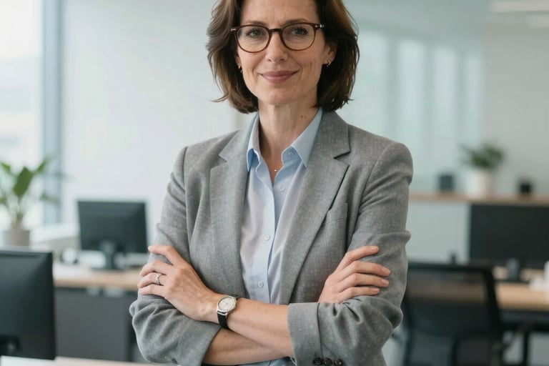 A professional photography portrait of a career mentor in a bright, modern US office. The scene features light gray and teal tones, emphasizing a clean and accessible environment.