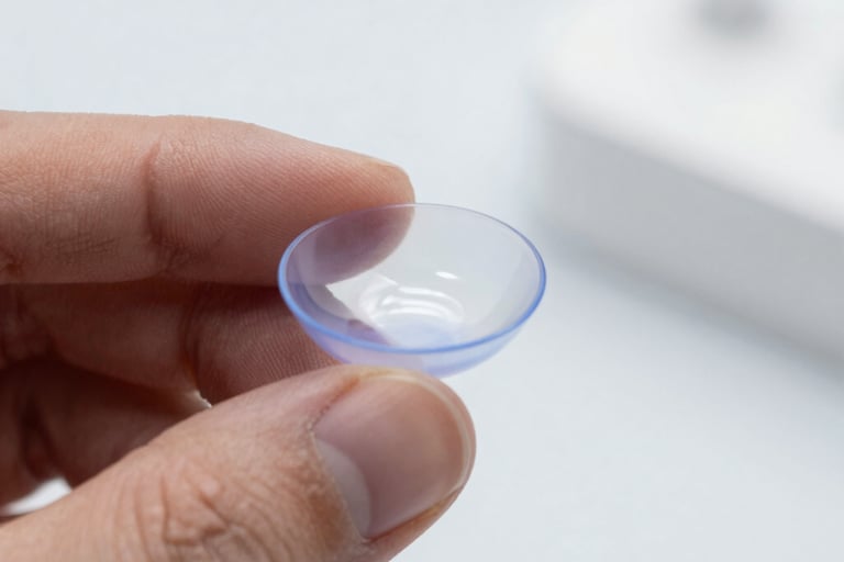 A hand holding a clear blue tinted contact lens for vision correction on a fingertip.