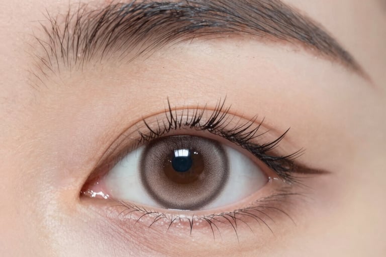 Close-up of a brown colored contact lens on a woman's eye with natural makeup and eyeliner.