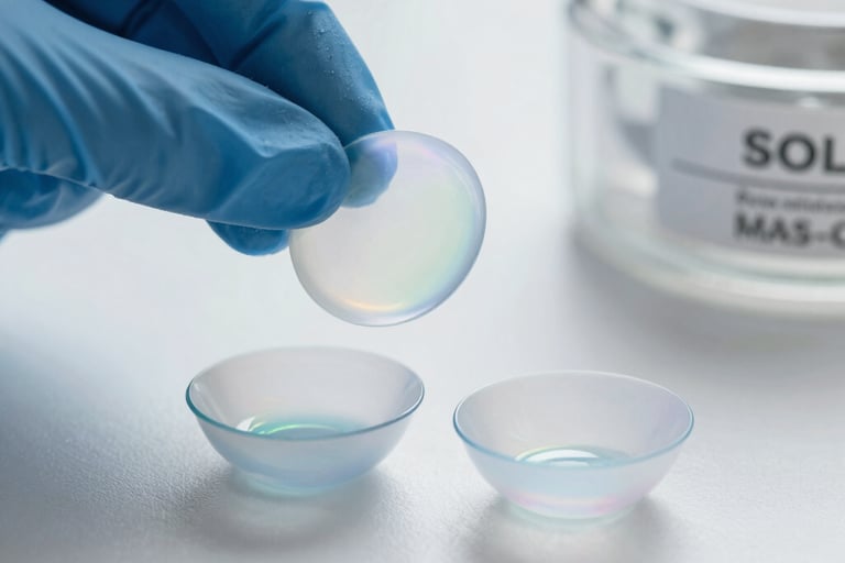 A gloved hand holding a medical-grade iridescent contact lens above two lens cases in a sterile lab.