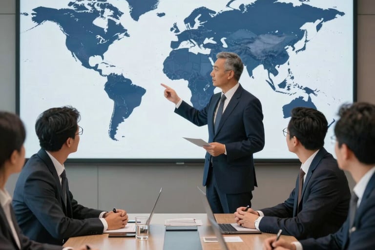Photography of a modern international board meeting. Professionals in business attire are discussing a global map on a digital screen. Atmosphere of leadership, cooperation, and ethical governance. Dark navy blue and light grey palette.