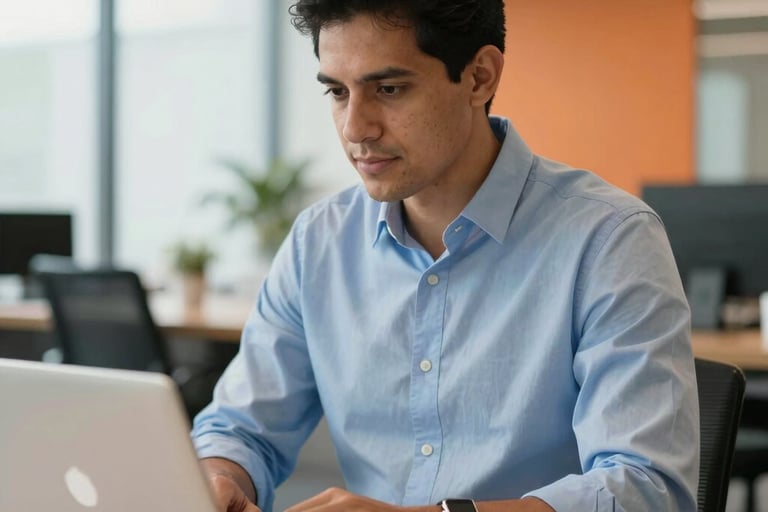 A professional Latin American entrepreneur in a bright, modern office, focused and working on a laptop with a soft orange and blue color palette in the background lighting, high-quality photography.