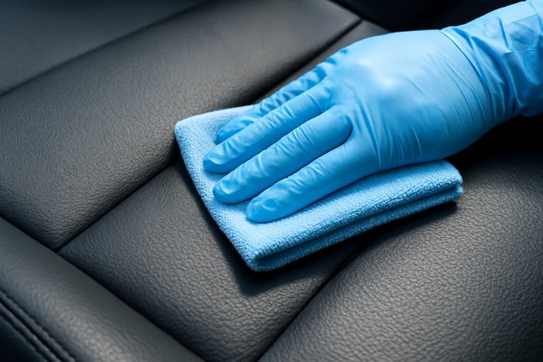 Macro shot of a gloved hand gently wiping a premium black leather car seat with a microfiber cloth, showing a distinct clean versus matte-dirty split.