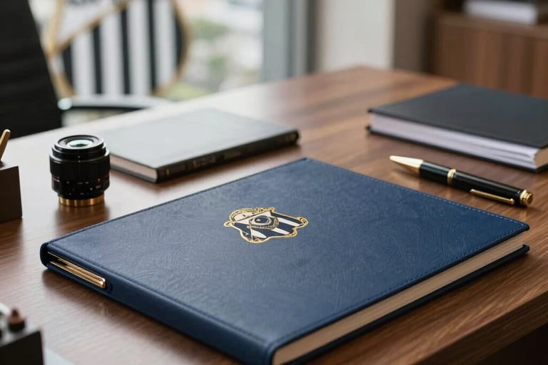 Professional photography of a Brazilian lawyer's office desk with a view of Santos, featuring high-end stationery, dark blue accents, and warm office lighting.