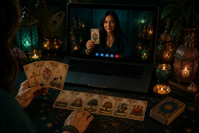 Mesa com cartas durante um atendimento de baralho cigano online confiável.