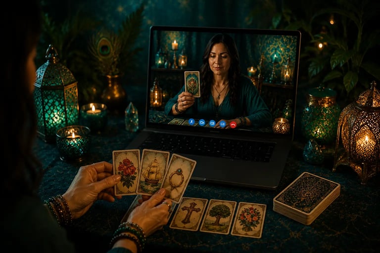Mesa de atendimento baralho cigano online com lâminas Petit Lenormand dispostas para leitura prática