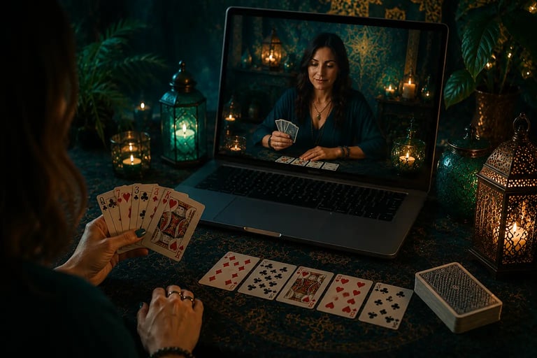Atendimento de cartomancia online com cartas tradicionais dispostas sobre mesa mística.