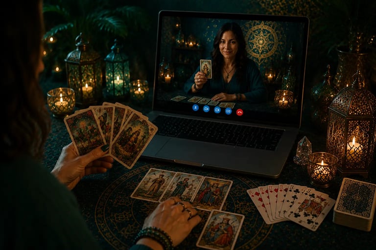 Mesa de jogo de tarot e baralho cigano online com diferentes decks de cartas dispostos para consulta