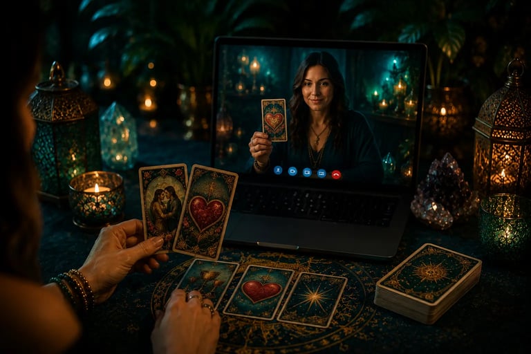 Consulta de atendimento tarot online sobre amor com cartas dispostas sobre a mesa de leituras.