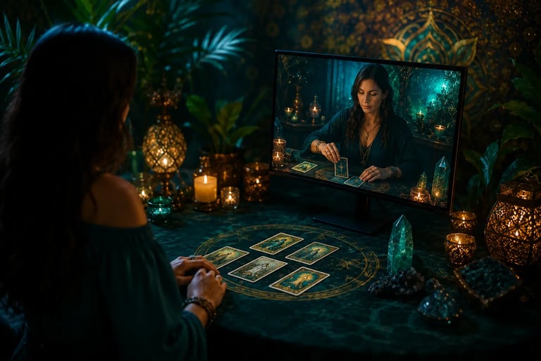 Mesa de atendimento tarot online com cartas espalhadas e tela exibindo consulta virtual de confiança