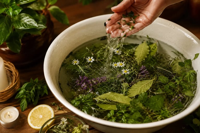 Ervas frescas e flores em água morna dentro de bacia para banho de ervas para limpeza espiritual