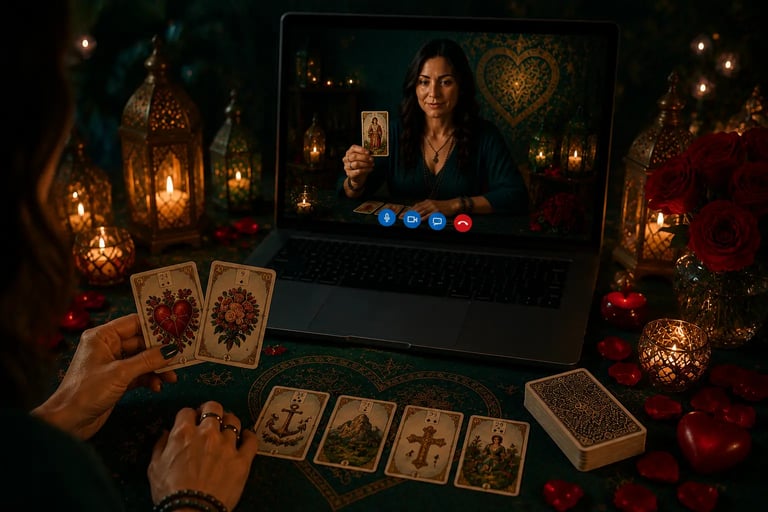 Cartas de baralho cigano para consulta de amor e relacionamento dispostas em mesa mística