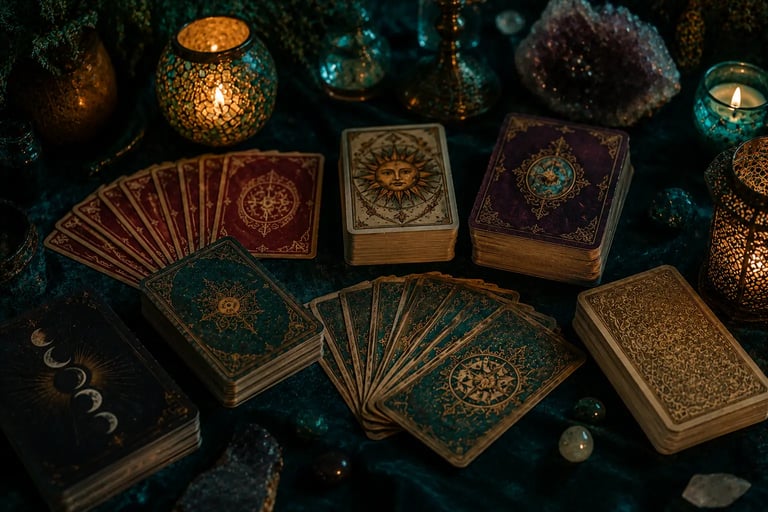 Vários baralhos usados para cartomancia, incluindo Tarot e Baralho Cigano, organizados sobre mesa