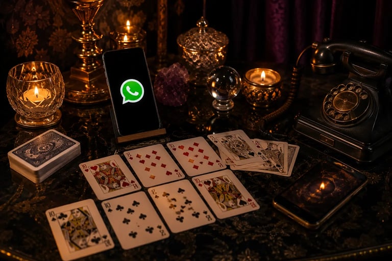 Cartas normais de baralho, celular e telefone fixo reunidos para atendimento de cartomancia