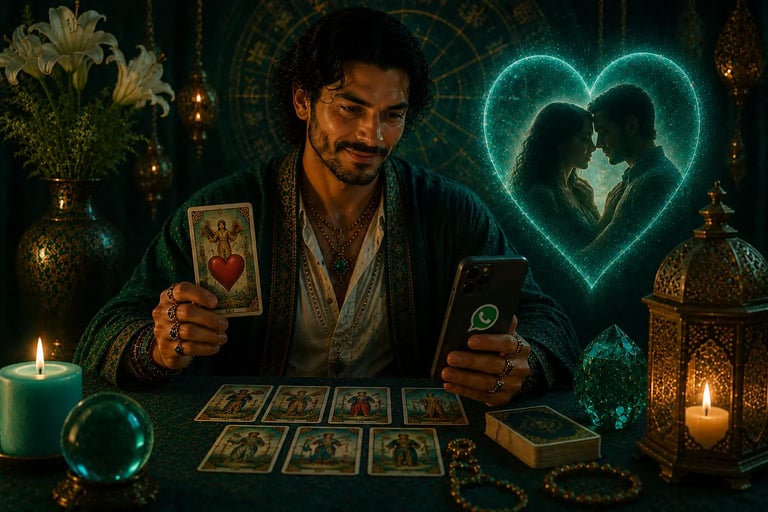Cartomante realizando consulta de amor por WhatsApp com jogo de tarot focado em união e orientação