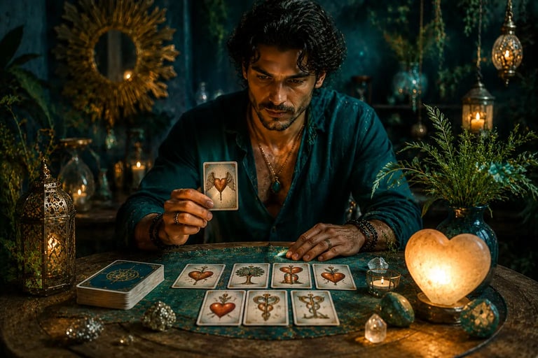 Cartomante fazendo previsões de amor com as cartas do tarô online para desvendar sentimentos