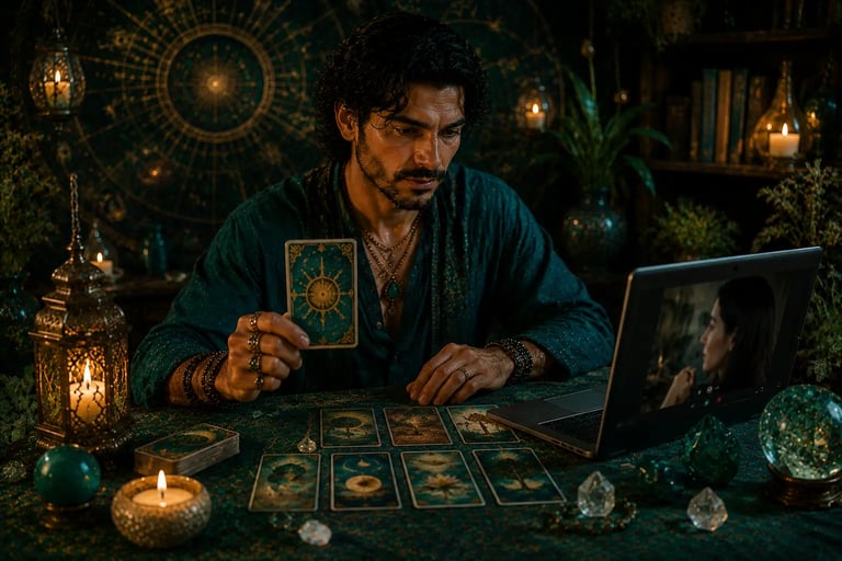 Mesa mística com mãos de cartomante realizando leitura de oráculos online com cartas para previsão