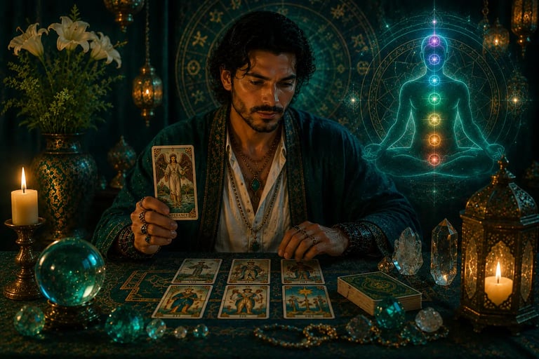 Cartomante realizando consulta de tarot online focado em equilíbrio vibracional e alinhamento
