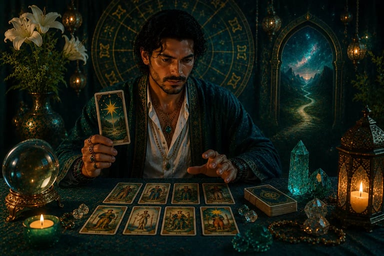 Cartomante realizando leitura de tarot online com previsões para o futuro, sorte e direcionamento