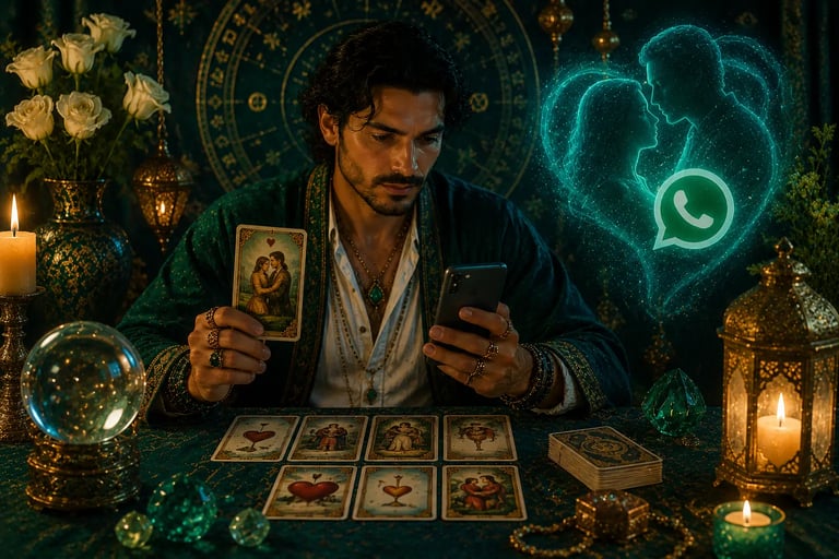 Cartomante online realizando consulta do Tarô do Amor pelo WhatsApp para revelar sentimentos