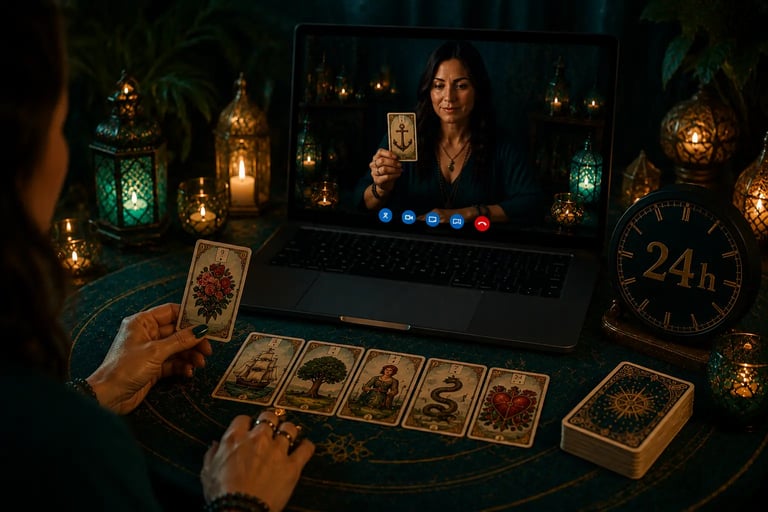 Cartas Petit Lenormand durante uma consulta de baralho cigano 24 horas disponível online.