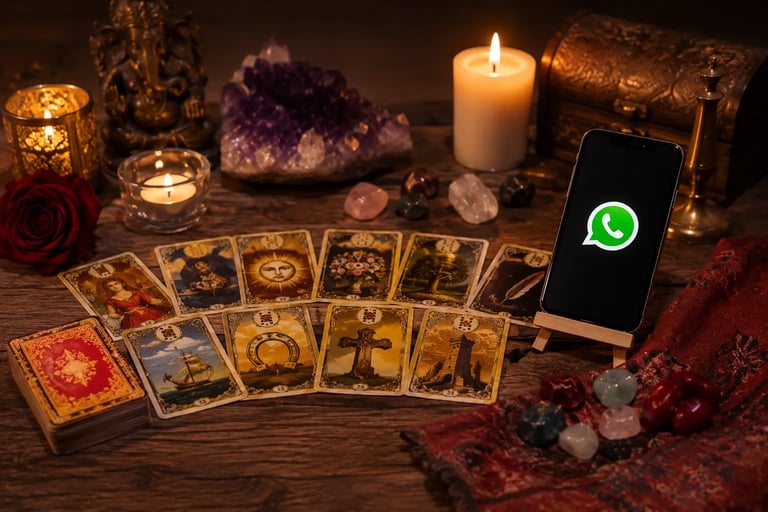 Cartas de baralho cigano na mesa com celular exibindo símbolo do WhatsApp