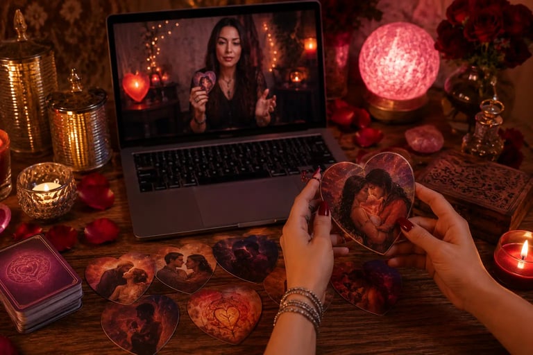 Mãos de tarólogo realizando tiragem afetiva em consulta com oraculo do amor