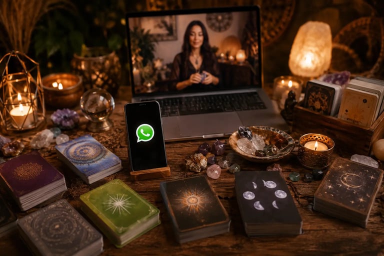Cartas de tarot e celular com ícone do WhatsApp para consulta com oráculos online.