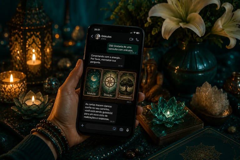 Smartphone exibindo tela de chat com cartas de tarô abertas para consulta com oráculos pelo WhatsApp