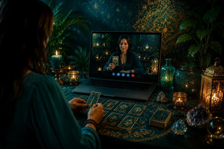Tela de notebook exibindo uma consulta de tarot pela internet com cartas sobre a mesa do tarólogo